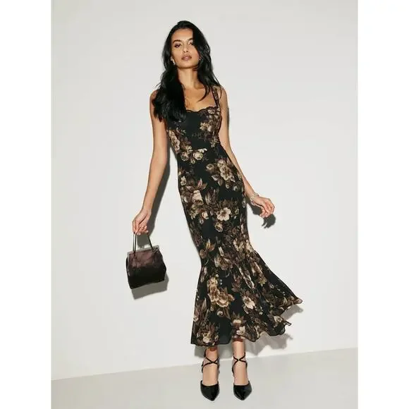 Reformation Irisa Black Floral Midi Dress Size 8 Ruffle Hem Lace Trim Grand Dame - Picture 2 of 16